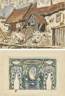 Mstislav Valerianovich Dobuzhinsky - Old House In Germany And Interior Design Scheme For The House Of Worth, Paris