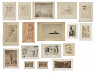 Mukul Chandra Dey - Set of 17 Etchings + 1 newspaper clipping collage + 1 letter from artist to Taylor Sloan