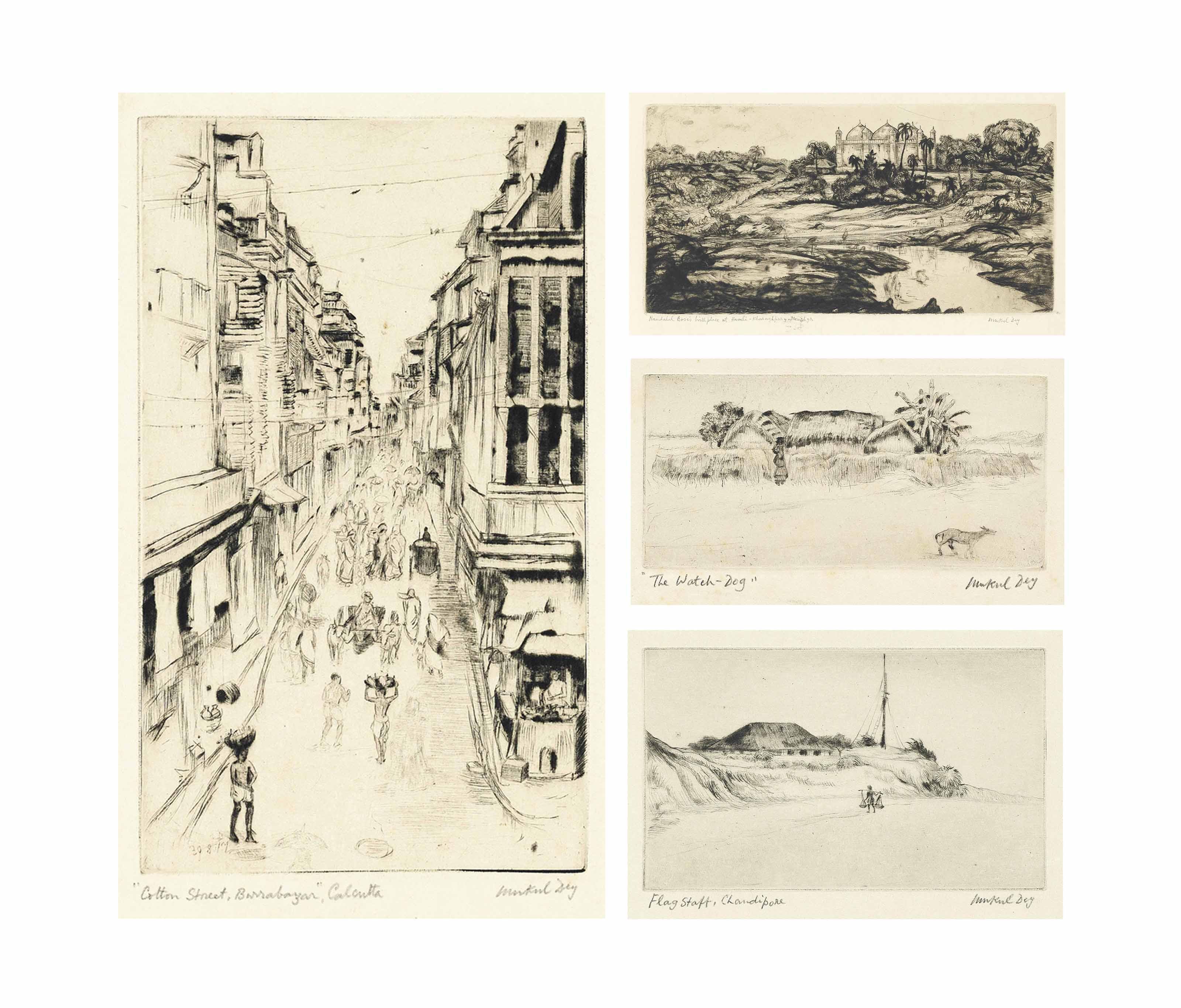 Mukul Dey - Cotton Street, Barrabazar, Calcutta; Nandalal Bose\'S Birthplace At Haveli-Kharaghpur;  The Watch-Dog; Flag Staff, Chandipore