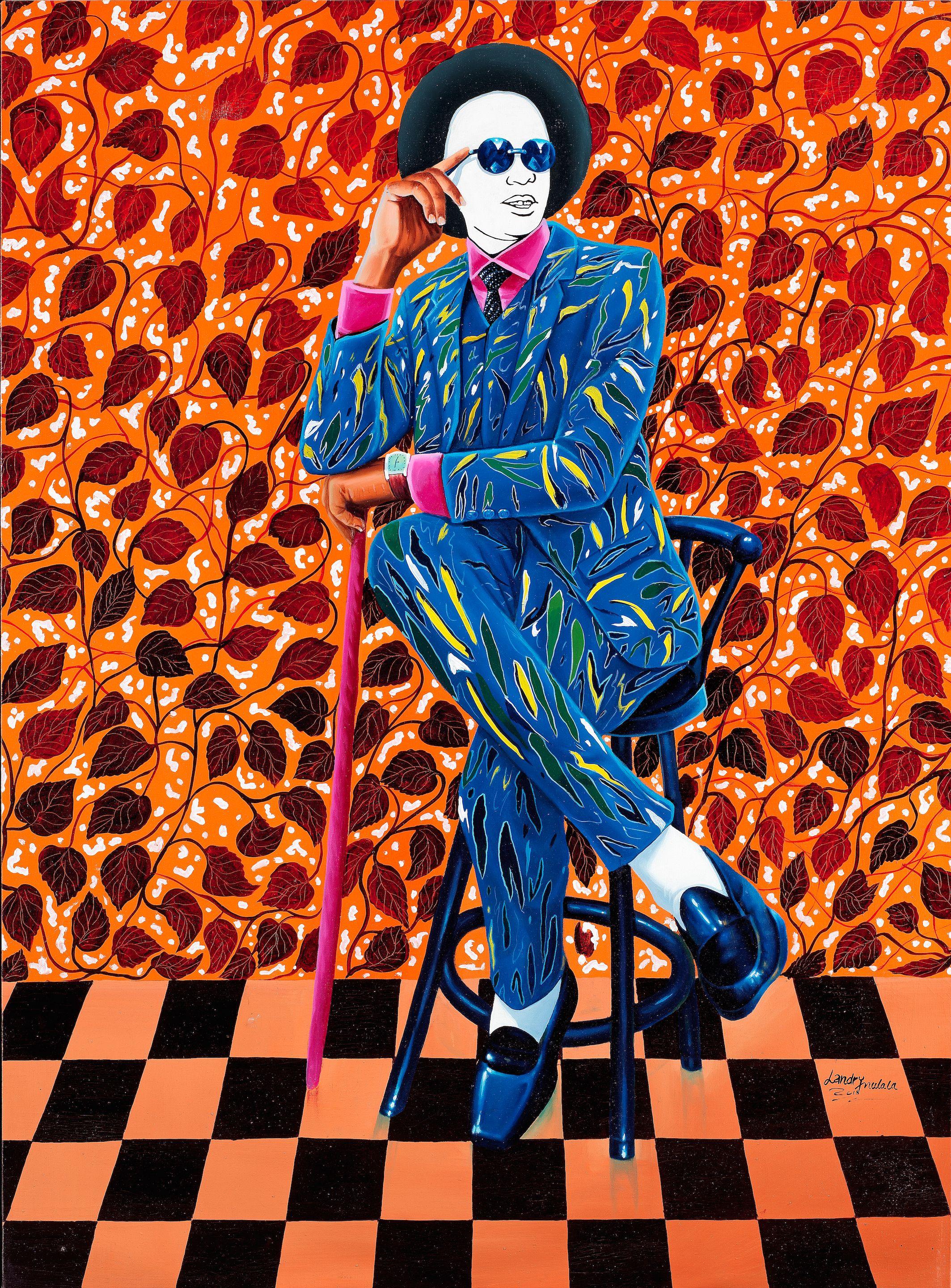 Mulala Landry - Homme en costume chamarré sur fonds rouge