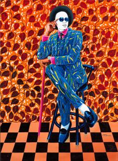 Mulala Landry - Homme en costume chamarré sur fonds rouge