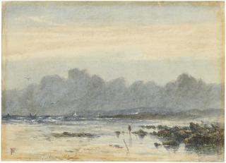 Myles Birket Foster R.W.S. - A coastal landscape with an angler in the foreground