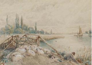 Myles Birket Foster, R.W.S. - A Young Shepherd With His Flock On A Riverbank
