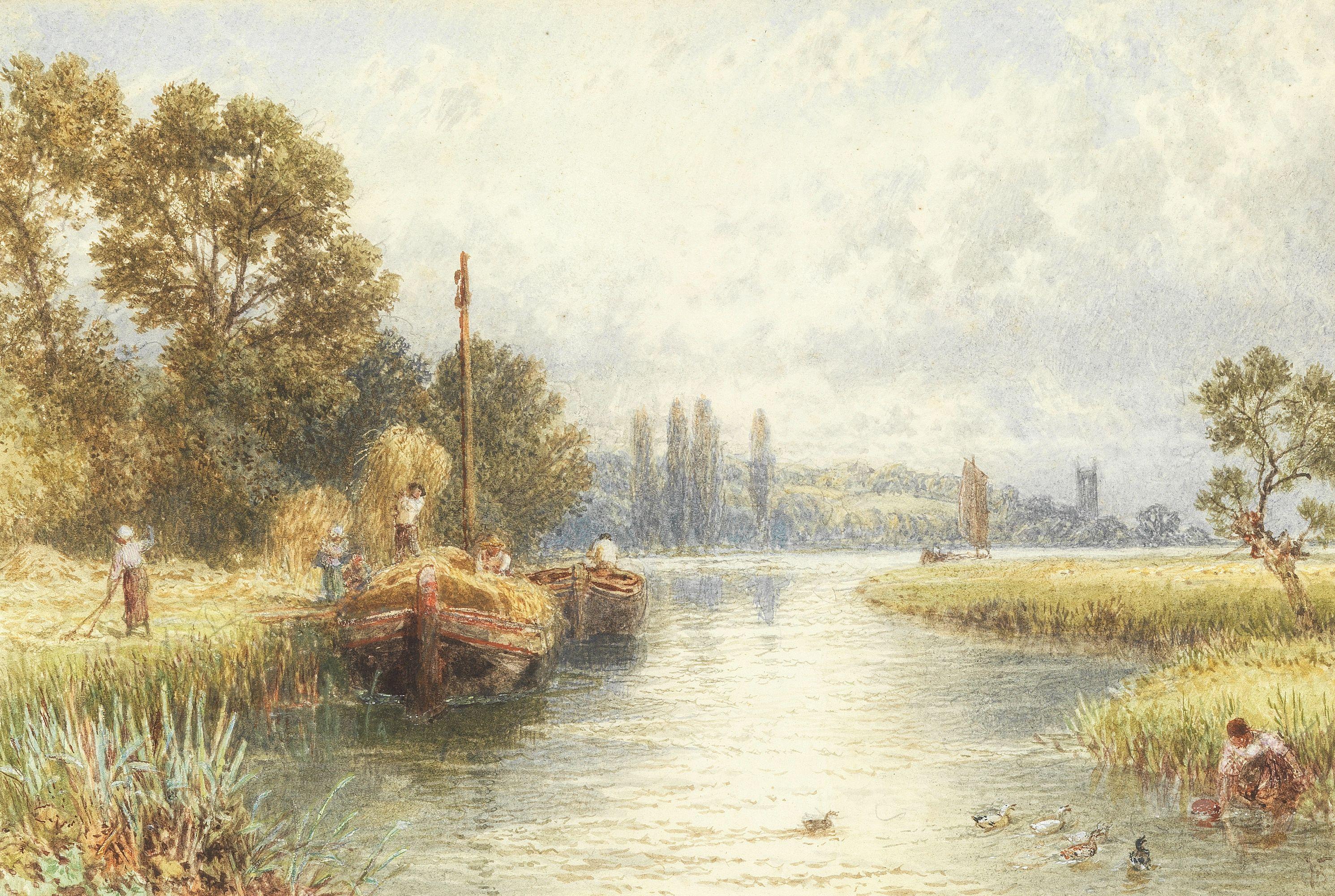 Myles Birket Foster, RWS - River scene with people loading hay barges and collecting water
