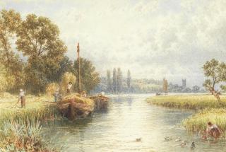 Myles Birket Foster, RWS - River scene with people loading hay barges and collecting water