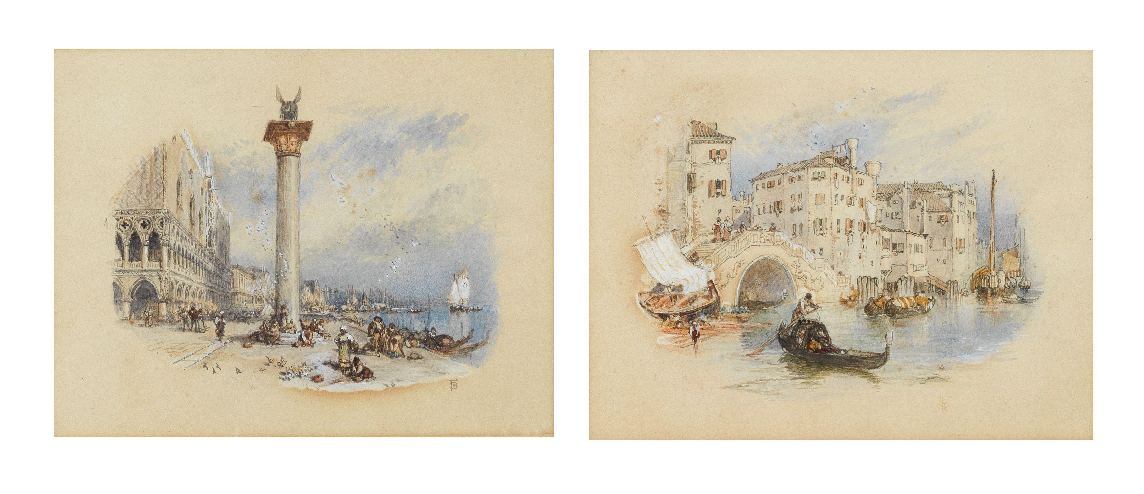 Myles Birket Foster, RWS - The Lion of St Mark\'s, Venice; A Venetian gondolier, a pair