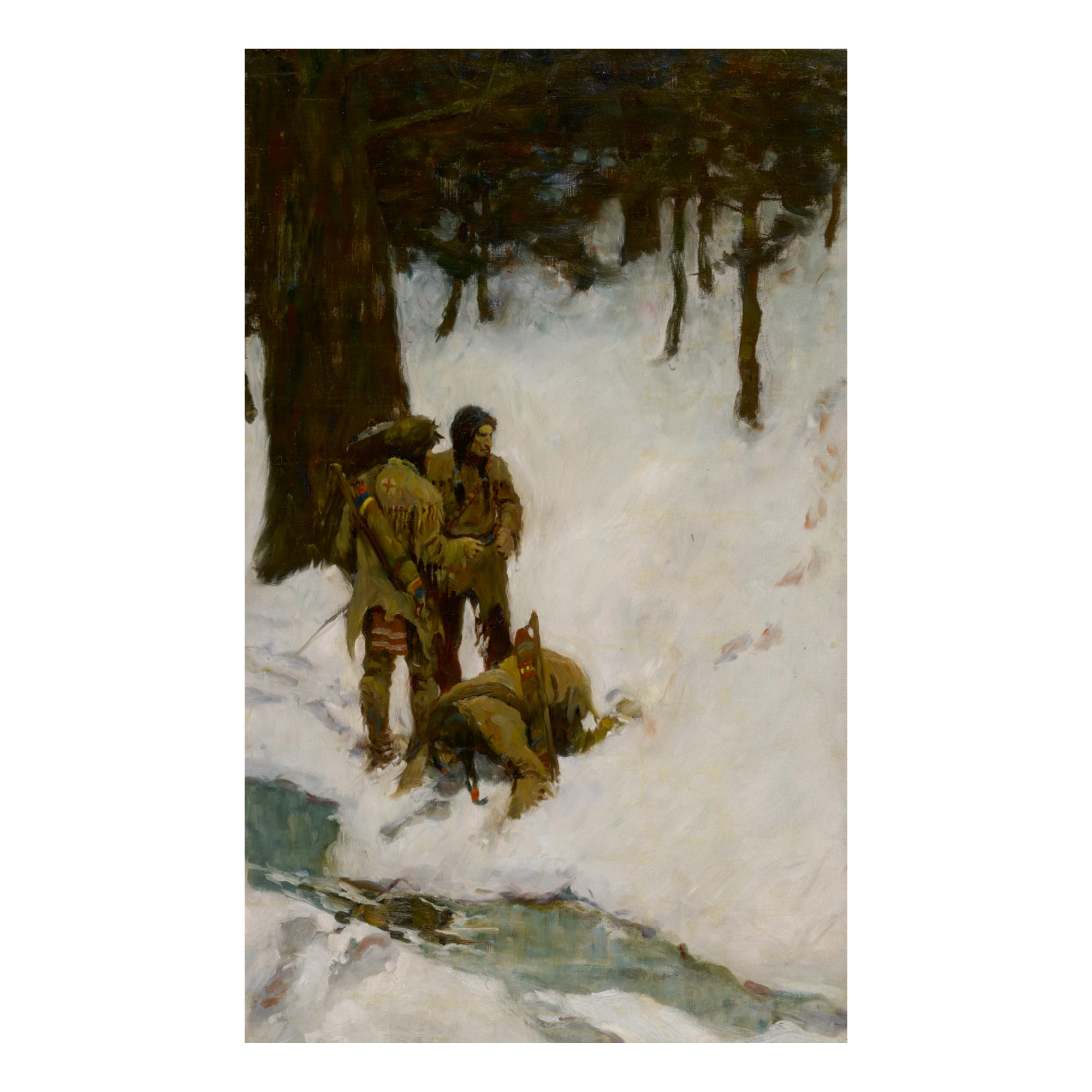 N. C. Wyeth - Untitled (Three Indians At A Stream In Snowy Woods)