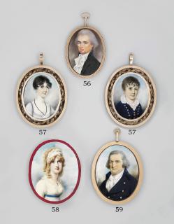 N. Freese - A double-sided portrait of a girl, in blue dress with white slip, black necklace tucked in at corsage, dark curling hair, and a boy, in blue coat with gold buttons, white frilled-edged shirt; both with sky background