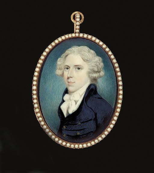 N. Freese - A young gentleman, facing left in blue coat with gold buttons, white waistcoat and tied cravat, powdered curling hair