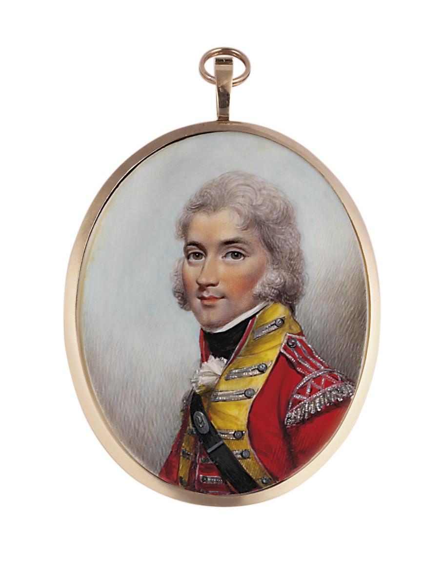 N. Freese - A young officer of a light company, in red uniform with yellow facings, silver epaulettes, black stock and frilled white cravat, black shoulder belt with gilt belt plate, powdered hair; sky background