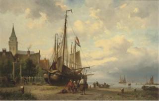 N.M. Wijdoogen - Fishermen along a shoreline by a village