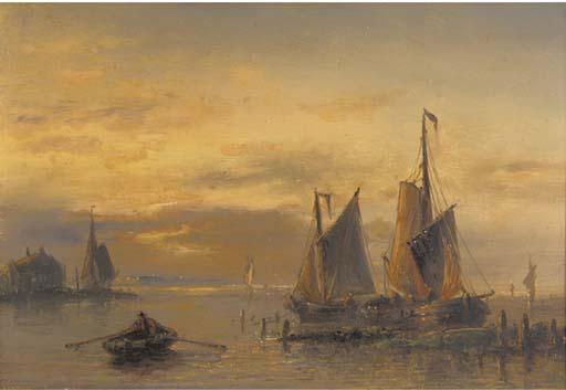 N.M. Wijdoogen - Shipping on a calm at sunset