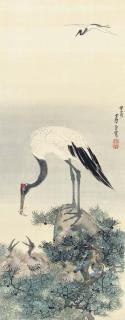 Nagasawa Rosetsu - Crane Feeding Chicks In Nest On Pine Branch