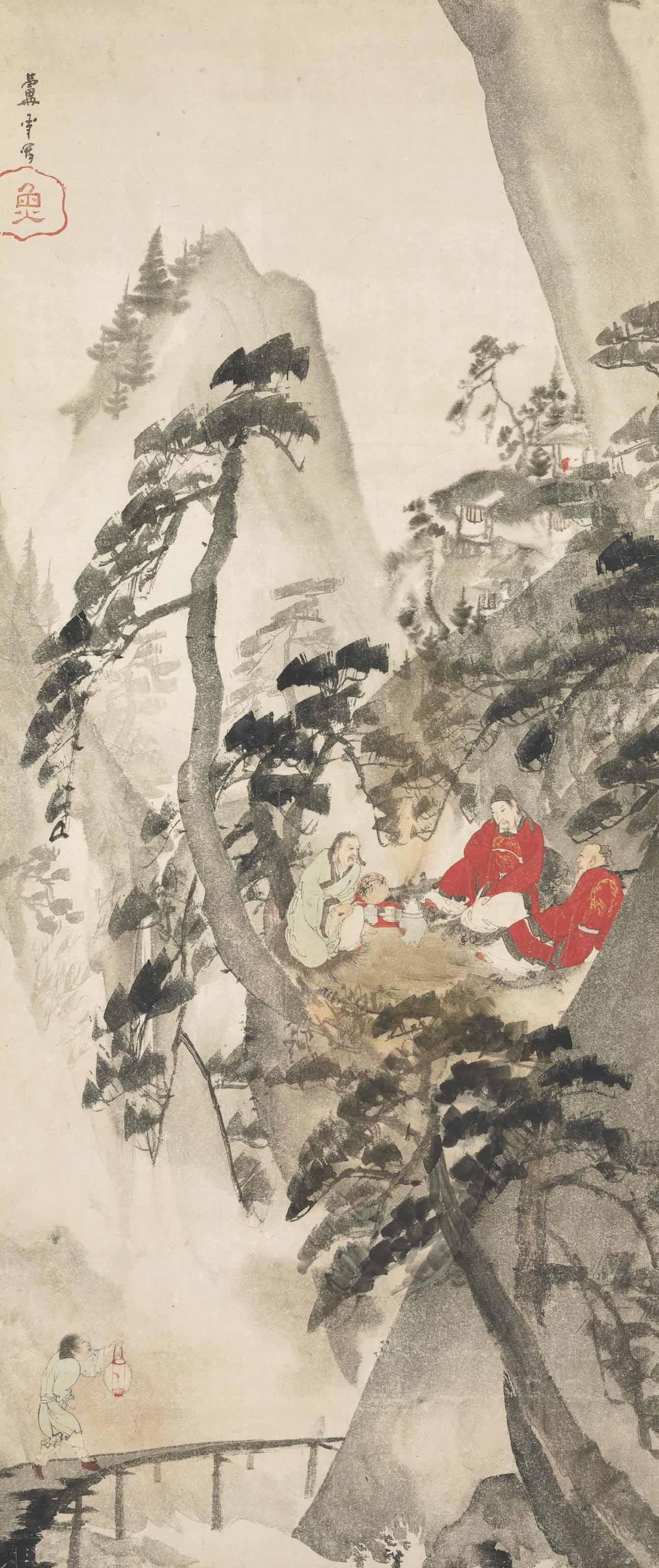 Nagasawa Rosetsu - Three Scholars Enjoying Tea By A Waterfall
