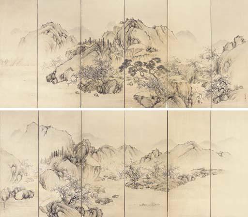 Nakabayashi Chikkei - Landscape with grove of flowering plum trees