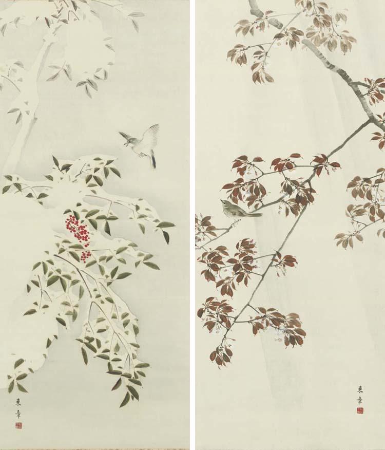 Nakajima Raisho - Bird On Snow-Laden Nandina Bush Wren On Cherry In Rain