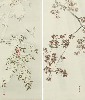 Nakajima Raisho - Bird On Snow-Laden Nandina Bush Wren On Cherry In Rain