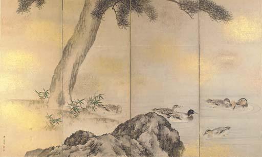 Nakajima Raisho - Ducks swimming under a pine tree