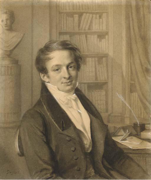 Nancy Mérienne - Portrait D\'Un Homme Assis À Un Bureau, À Mi-Corps, Une Bibliothèque Au Fond