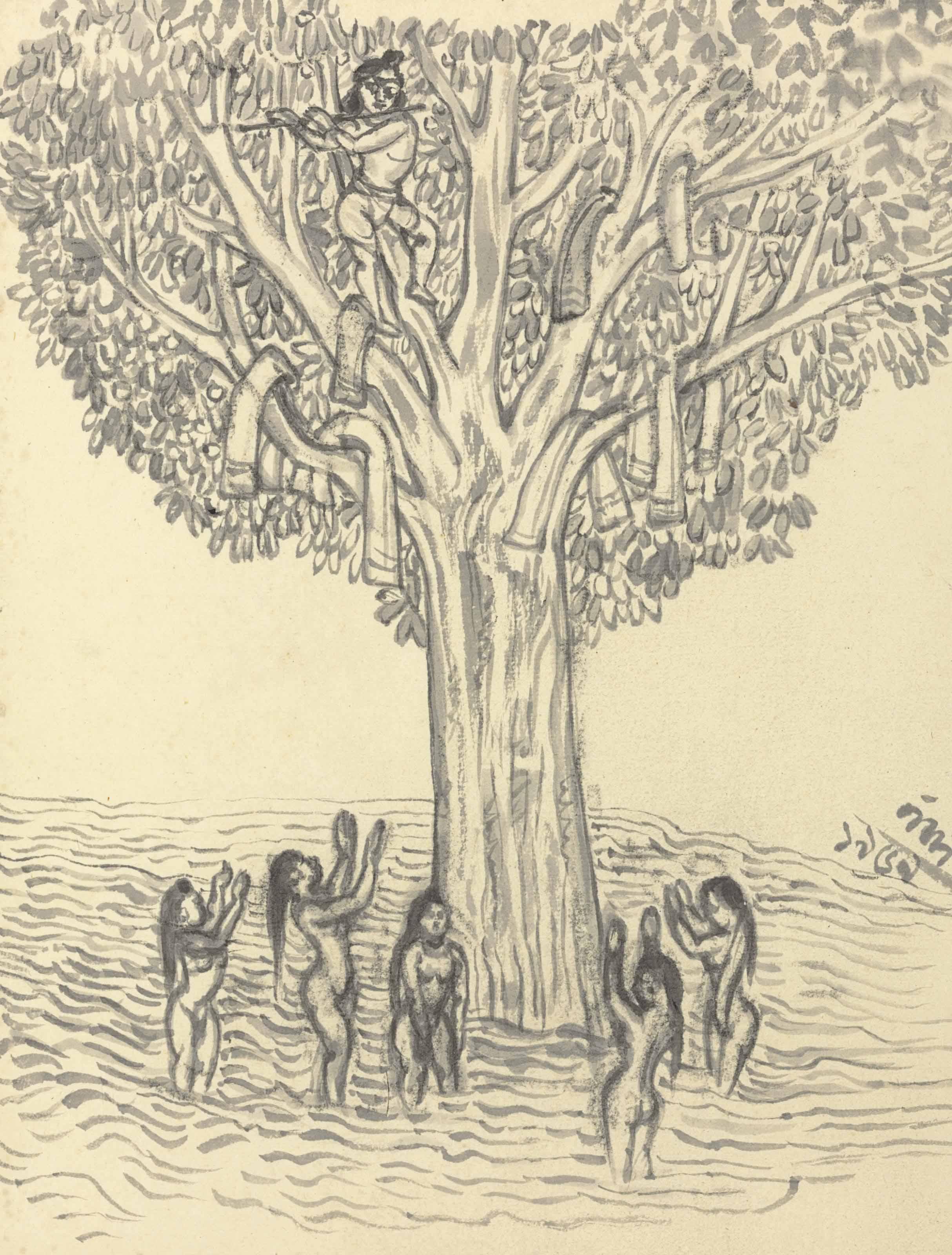 Nandalal Bose - Untitled (Krishna With Gopis)