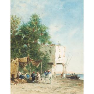 Narcisse Berchère - Bords Du Nil; Rue Animéenarcisse Berchère, Banks Of The Nile And Busy Street ; Signed Lower Right ; Watercolour On Paper
