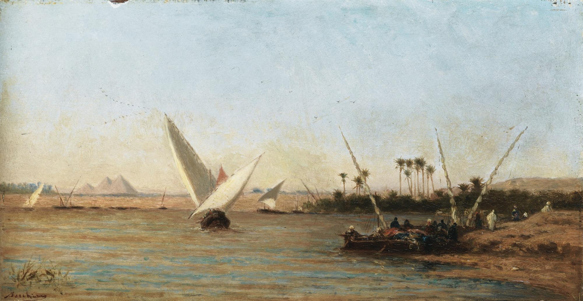 Narcisse Berchère - Felouques Sur Le Nil Avec Les Pyramides À L\'Arrière-Plannarcisse Berchère ; Felucca On The Nile With The Pyramids In The Background ; Signed Lower Left ; Oil On Panel