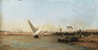 Narcisse Berchère - Felouques Sur Le Nil Avec Les Pyramides À L\'Arrière-Plannarcisse Berchère ; Felucca On The Nile With The Pyramids In The Background ; Signed Lower Left ; Oil On Panel