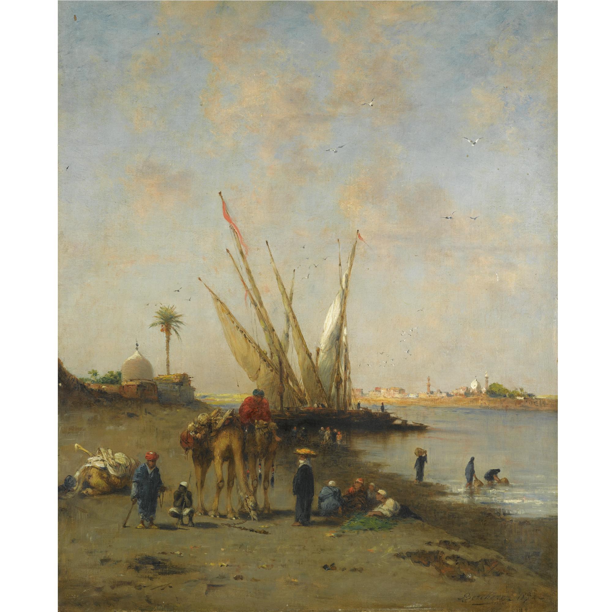 Narcisse Berchère - French Felouques Et Chameliers Au Bord Du Nil