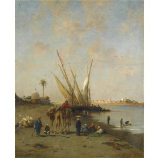 Narcisse Berchère - French Felouques Et Chameliers Au Bord Du Nil