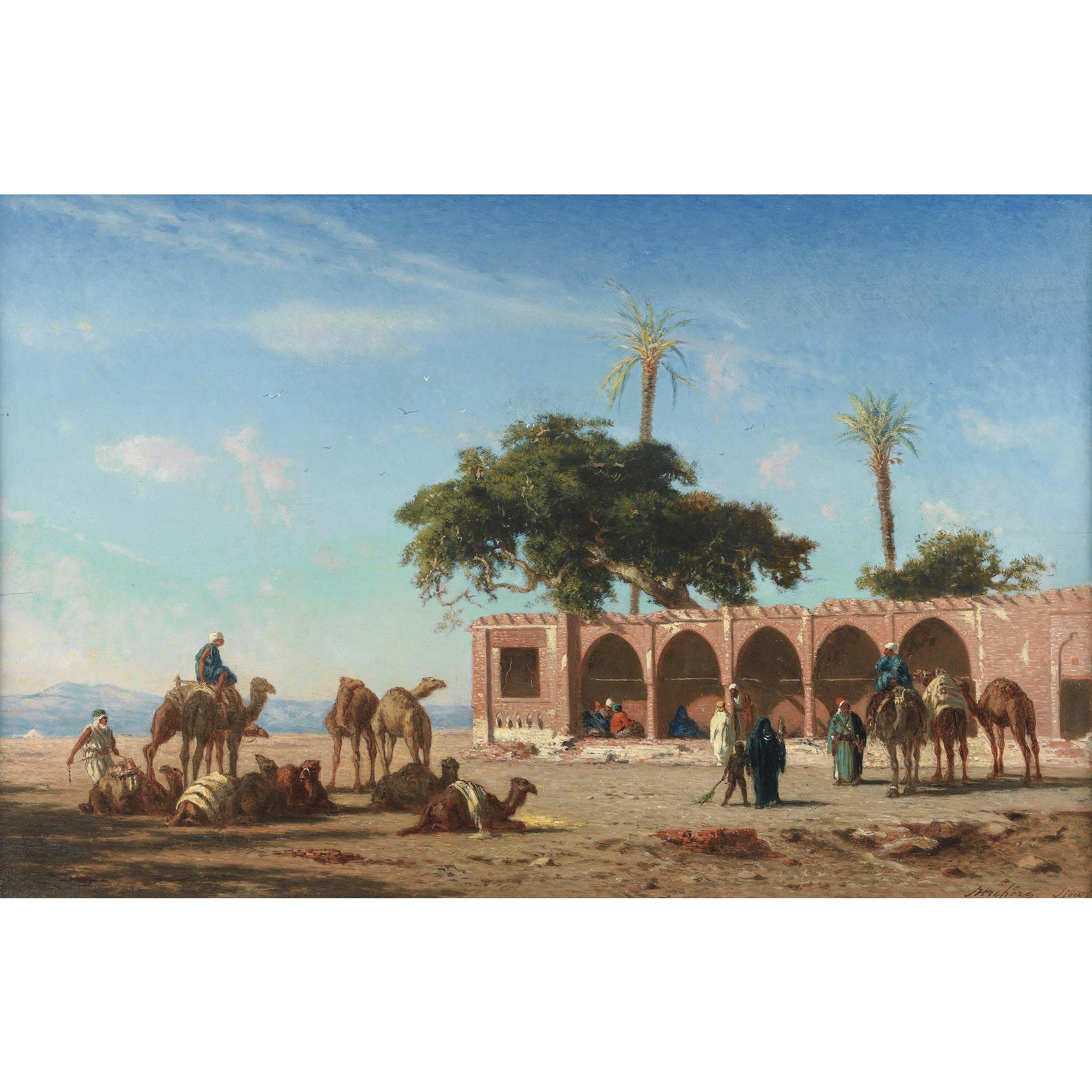 Narcisse Berchère - Le Repos De La Caravane À Siout, Egyptenarcisse Berchère ; The Caravan Resting In Siout, Egypt ; Signed And Located Lower Right Siout ; Oil On Panel