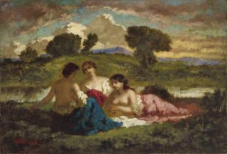 Narcisse-Virgile Diaz De La Peña - Baigneuses après le bain, coucher de soleil