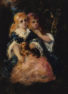 Narcisse Virgile Diaz de la Peña - Deux jeunes fillettes et leur chiot