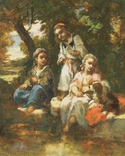 Narcisse Virgile Diaz de la Peña - Enfants Turques Avec Un Chien