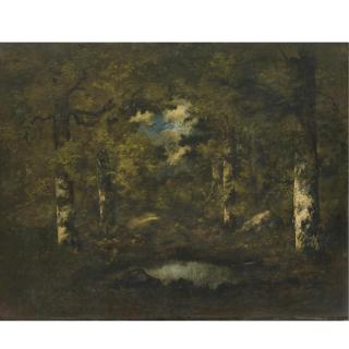 Narcisse Virgile Diaz de la Peña - French Birch Trees, Boulders And A Pond: Fontainebleau Forest 