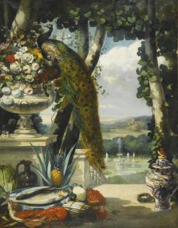 Narcisse Virgile Diaz De La Peña - French still Life With Peacock, Flowers, Fruit And Japanese Vase, An Extensive Park Landscape Beyond