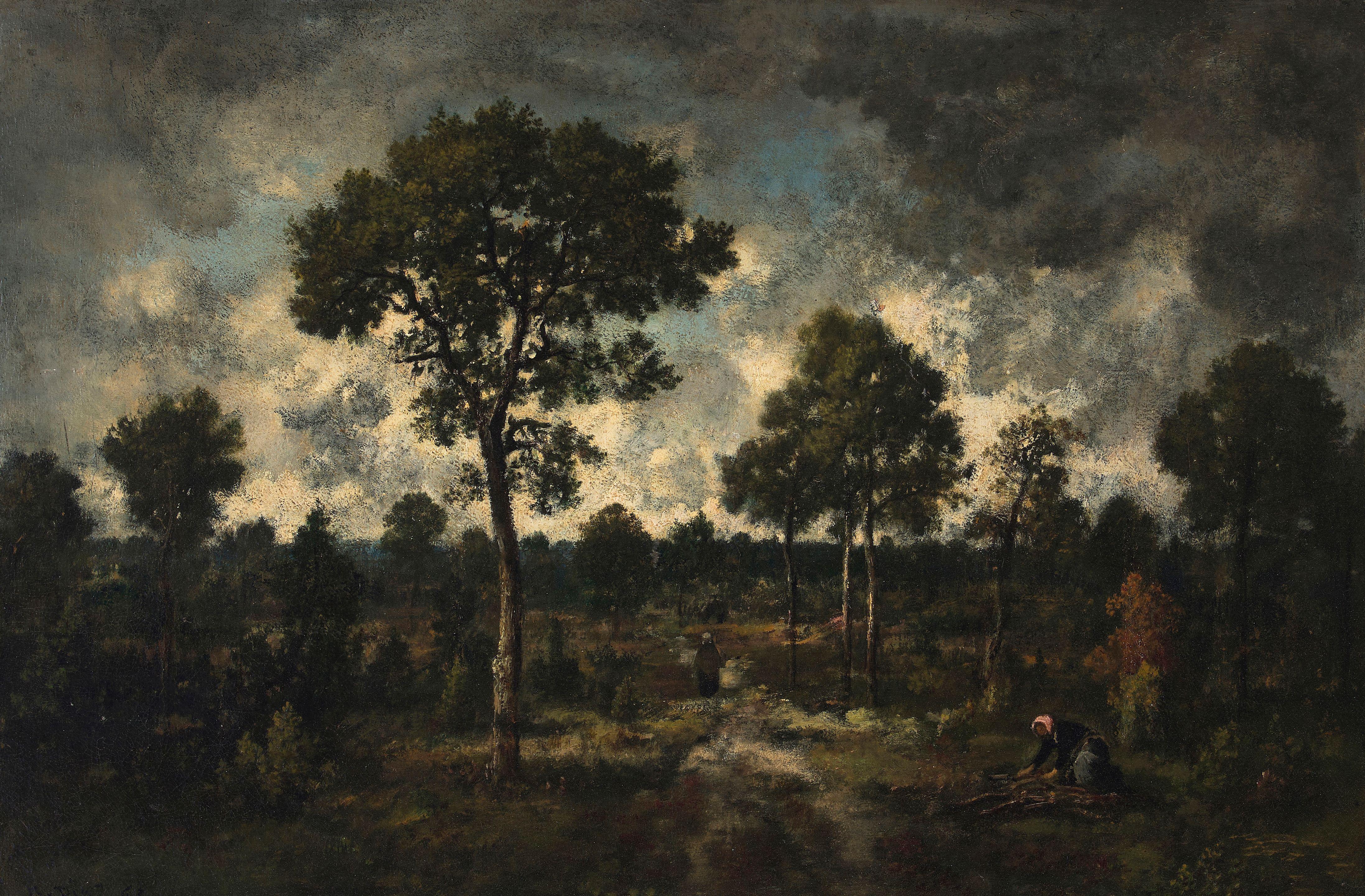 Narcisse Virgile Diaz De La Peña - Gathering sticks in the forest of Fontainebleu 16 3/4 x 24 3/4in (42.6 x 62.9cm)