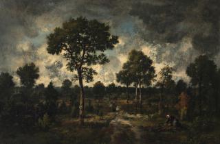 Narcisse Virgile Diaz De La Peña - Gathering sticks in the forest of Fontainebleu 16 3/4 x 24 3/4in (42.6 x 62.9cm)