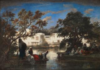 Narcisse Virgile Diaz de la Peña - Marocaines en bord de rivière, village