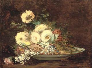 Narcisse-Virgile Diaz de La Pena - Still life of flowers on a charger