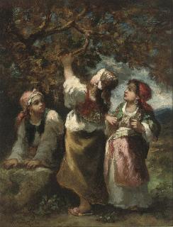 Narcisse-Virgile Diaz De La Peña - Trois Bohémiennes près d\'un arbre cherchant un nid d\'oiseau