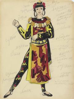 Natalia Goncharova - Two costume designs for Bogatyri: Tartan maidens