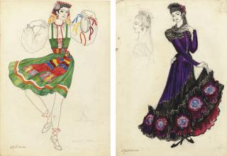 Natal\'ia Sergeevna Goncharova - A Costume For A Dancer With A Tambourine; A Costume Design For A Flamenco Dancer