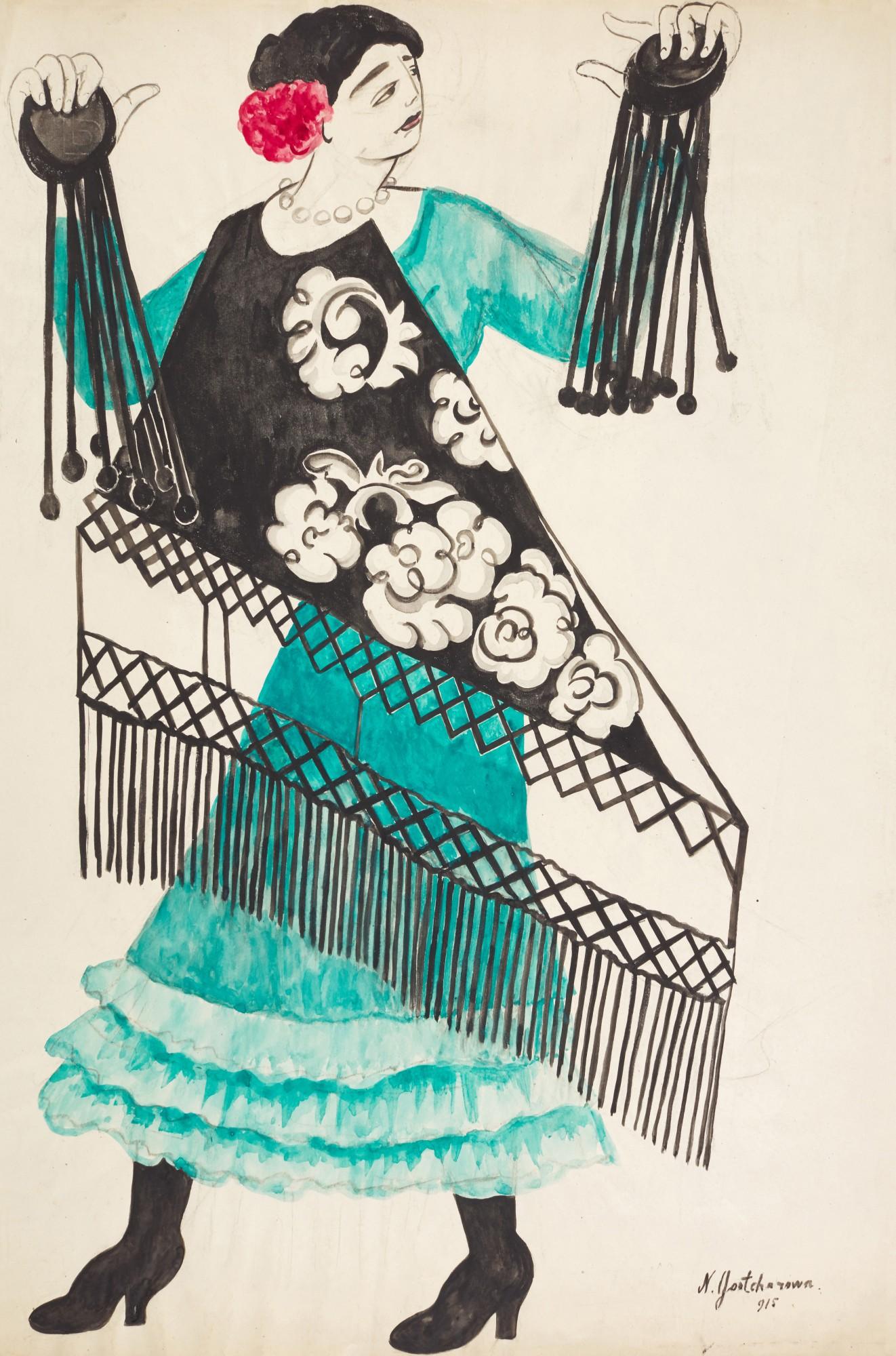 Natalia Sergeevna Goncharova - Flamenco Dancer with Castanets, Costume Design for Espagne or Triana