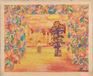 Natalia Sergeevna Goncharova - Set Design for Ballets Russes Production, Le coq d\'or, B III 18 1/4 x 22 1/2 in. (46.4 x 57.2 cm) unframed