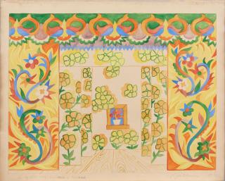 Natalia Sergeevna Goncharova - Set Design for Ballets Russes Production, Le coq d\'or, Tableau 1 Rideau 18 1/4 x 22 1/2 in. (46.4 x 57.2 cm) unframed