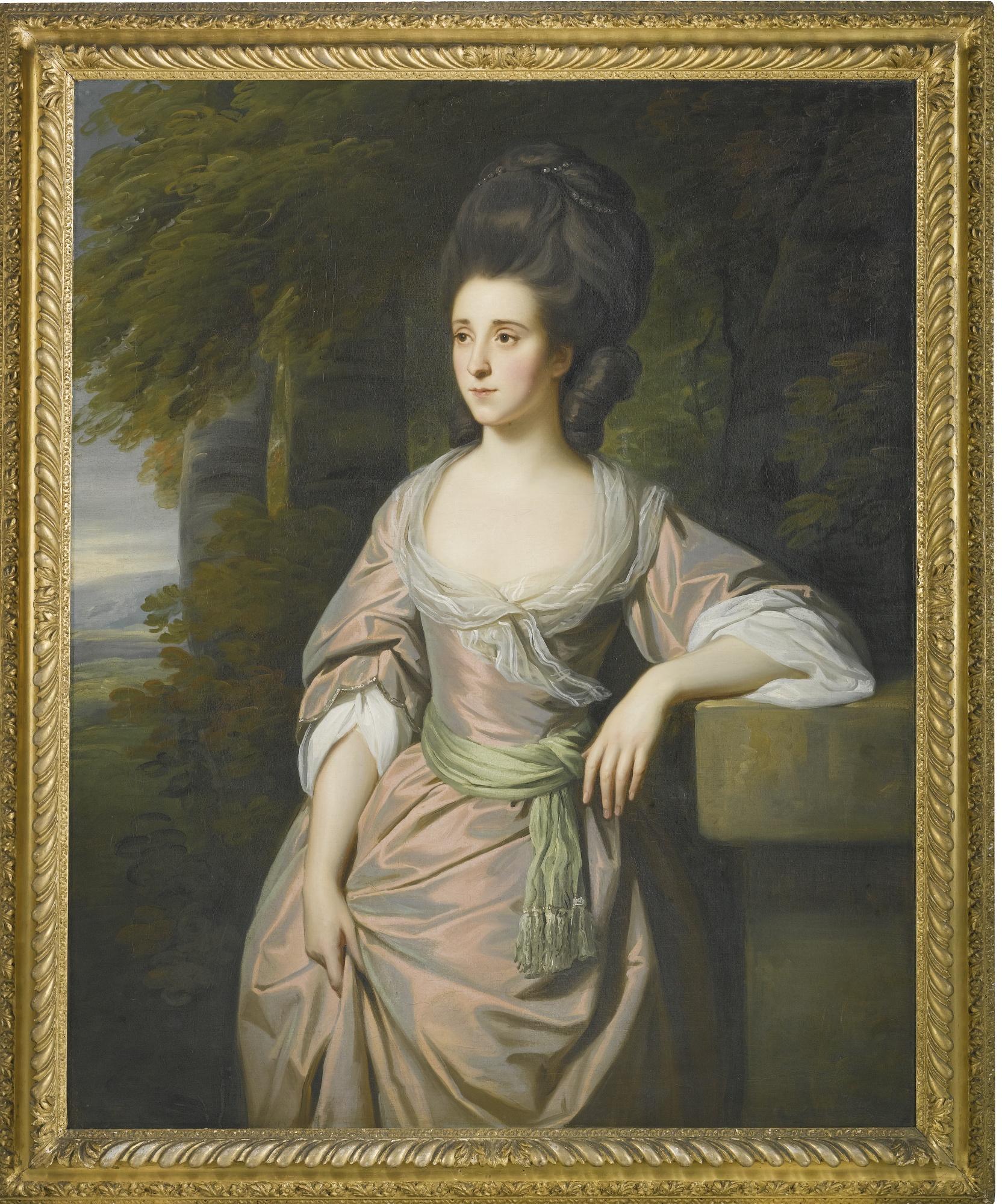 Nathaniel Dance, R.A. - Portrait Of Mrs Paterson, Wearing A Pink Satin Dress And Green Sash