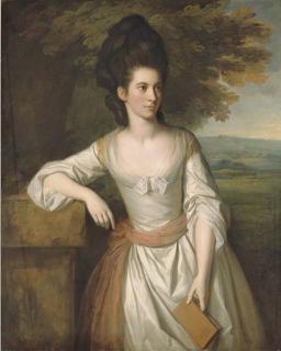 Nathaniel Dance, R.A. - Portrait of Mrs. Vere, Three-Quarter-Length, In A White Dress With A Pink Sash, Holding A Book In Her Left Hand, With A Landscape Beyond