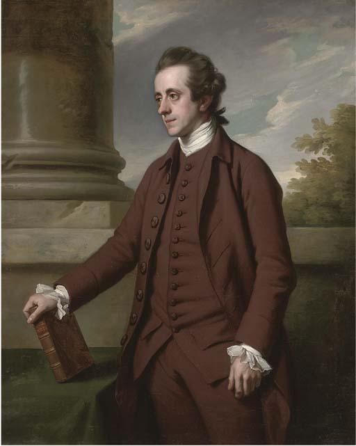 Nathaniel Dance, R.A. - Portrait of William Baker, M.P. (1743-1824), of Bayfordbury Manor, Hertford, Three-Quarter-Length, In A Brown Suit, His Right Hand Holding A Volume of Milton, By A Column In A Landscape