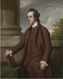 Nathaniel Dance, R.A. - Portrait of William Baker, M.P. (1743-1824), of Bayfordbury Manor, Hertford, Three-Quarter-Length, In A Brown Suit, His Right Hand Holding A Volume of Milton, By A Column In A Landscape