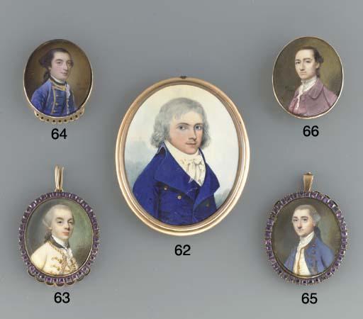 Nathaniel Hone, R. A. - A young gentleman, facing right in gold-bordered blue velvet coat and waistcoat, lace cravat and black stock, hair en queue